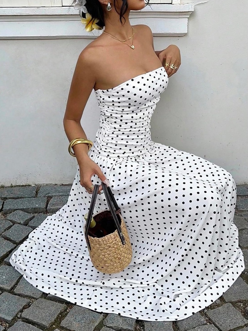 Strapless White Polka Dot Maxi Dress - XS - Picture 4 of 9